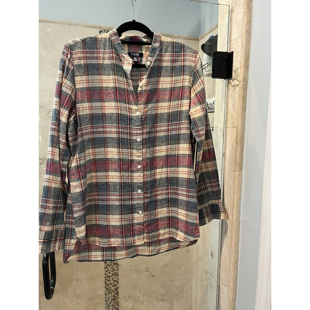 CHAPS Linen Blend Plaid Shirt Pink Blue Red Yellow Button Women's M $65